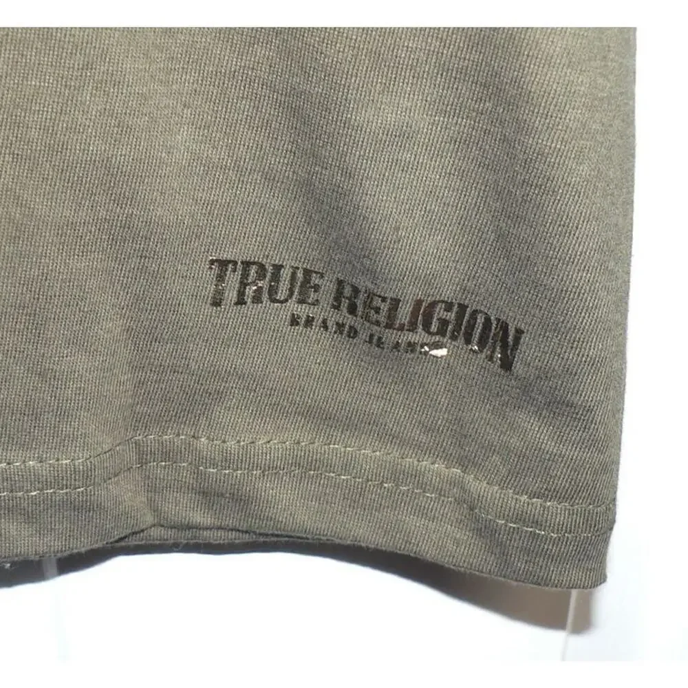 True Religion Men's Short Sleeve Cotton Tee Gold Foiled Hem Logo in Green XL $50